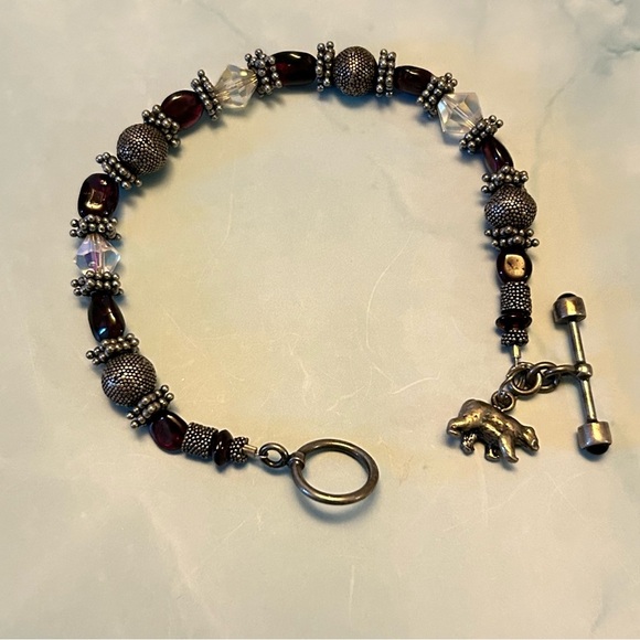 Vintage Silver and Brown Beaded Bracelet with Bear Charm - Picture 1 of 3
